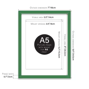 A5 Green Picture Frame With Mount for A6 (10.5 x 14.8cm - 4.1 x 5.8in) Poster, Photo, Artwork, or Print.