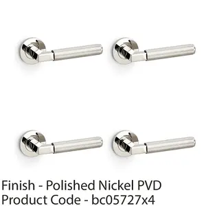 4 PACK - SOLID BRASS Knurled Door Handle Set - Polished Nickel Angled Lever on Round Rose