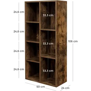 VASAGLE 7-Compartment Bookcase, 7 Open Slots Bookshelf, Display Storage Rack, in Living Room Studio and Office, 50 x 24 x 106 cm