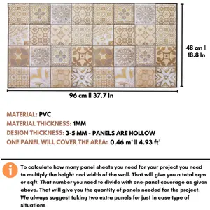 3D Wall Panels with Adhesive Included - Pack of 6 Sheets -Covering 29.76 sqft/2.76 sqm - Brown & Beige Mediterranean Tile Pattern