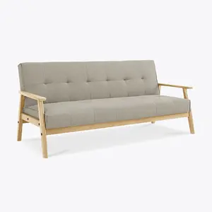 Langford Sofa Bed Fabric 3 Seater Button Detail Wooden Frame Sofabed, Cream with Oak Colour Wood