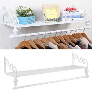 Wall Mounted Clothes Rail Garment Clothing Hanging Rack with Display Storage Shelf White 700 mm