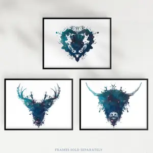 Ink Splat Thistle Heart Hairy Coo Cow Stag Celestial Space Scottish - 3 Piece No Frame Print Set 40.5cm H x 30.5cm W x 0.3cm D