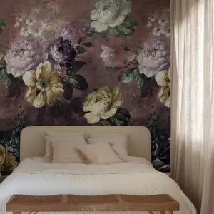 Grandeco Painted Flowers Burgundy 3 Lane Repeatable Wallpaper Mural 159 x 280cm