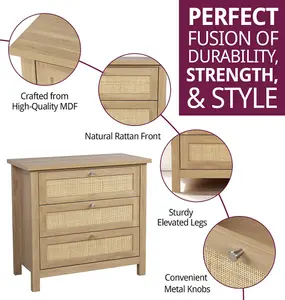 Hallowood Furniture Newquay Oak Effect Chest with 3 Drawer and Real Rattan Front