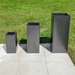 100cm Zinc Silver & Black Textured Tall Square Planter