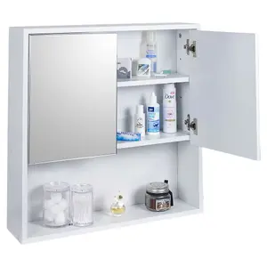 URBNLIVING Height 60cm Wooden Wall White Bathroom Storage Cabinet with Mirror and 2 Half Doors