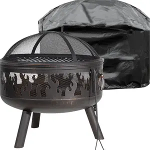 Premium Round Fire Pit Wood Burner and BBQ Grill Set with Weatherproof Cover for Outdoor Dining