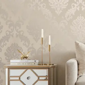 Chelsea Glitter Damask Wallpaper In Cream And Gold