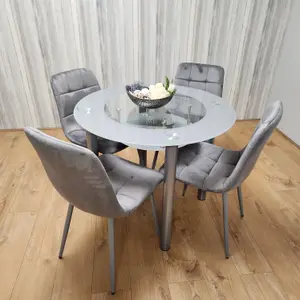 Round Glass Grey Kitchen Dining Table With Storage Shelf And 4 Grey Tufted Velvet Chairs Kitchen Dining Set