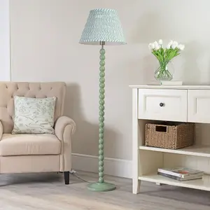 ValueLights Bobbles Sage Green Bobbin Floor Lamp with Green Arrow Pleated Shade