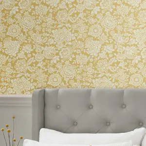 Laura Ashley Midnight Palace Trailing Laurissa Pale Ochre Yellow Smooth Wallpaper