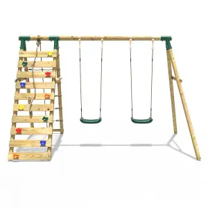 Rebo Wooden Swing Set with Up and Over Climbing Wall - Ela Green