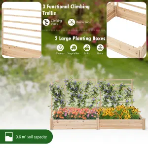 Costway Outdoor Raised Garden Bed Wooden Elevated Planter w/ 2 Planter Boxes & 3 Trellis