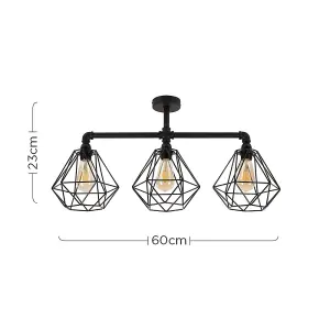 ValueLights Luiggi Satin Black 3 Way Bar Pipework Ceiling Light with Basket Cage Design Black Metal Shades and LED Bulbs