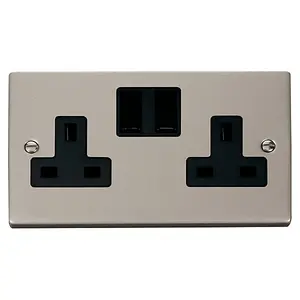 Pearl Nickel 2 Gang 13A Twin Double Switched Plug Socket - Black Trim - SE Home