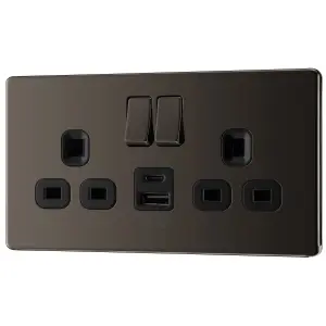 GoodHome Black Nickel Double 13A Flat Switched Screwless Socket with USB, x2 & Black inserts