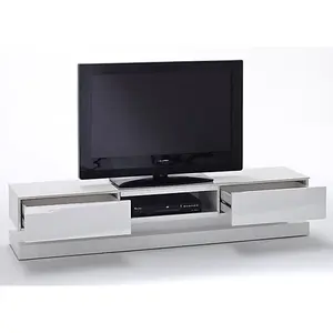 Step TV Stand With Storage for Living Room and Bedroom, 1800 Wide, LED Lighting, Media Storage, White High Gloss Finish