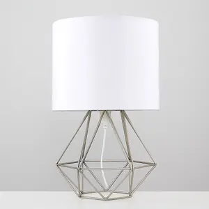 ValueLights Angus Brushed Chrome Metal Basket Cage Bed Side Table Lamp with White Fabric Shade with LED Bulb