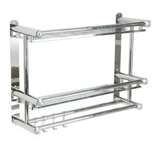 2 Tier Chrome Wall Mounted Stainless Steel Bathroom Shelf Towel Rail with Towel Bar Rod Hooks