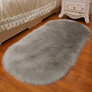 Grey Oval Super Soft Shaggy Longhair Area Rug Kids Room Decor Chair Sofa Cover Seat Pad 60 x 90 cm