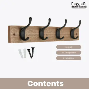 Keypak 4 Matte Black Coat Hooks on Ash Effect Wooden Board - 46cm Modern Wall Mounted Coat Rack Clothes Hanger