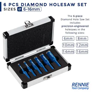 6 Piece Set (6/8/10/12/14/16mm) Diamond Hole Saw Drill Bit Set For Tiles, Ceramic, Porcelain. Holesaw