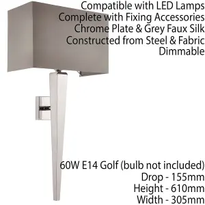 Rectangular Dimmable Wall Light Chrome & Grey Shade Modern Bedside Lamp Fitting