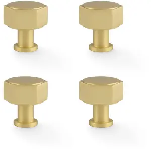 4 PACK - Industrial Hex Cabinet Door Knob - 33mm Satin Brass Cupboard Pull Handle