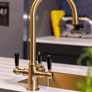 flode korsa Traditional Cruciform Style 3 in 1 Instant Boiling Tap Black Ceramic Levers Brushed Brass Finish