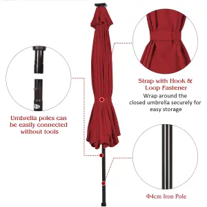 Costway 3M Garden Parasol 24 Solar Power LED Lights Patio Umbrella with Tilt and Crank Handle Wine Red