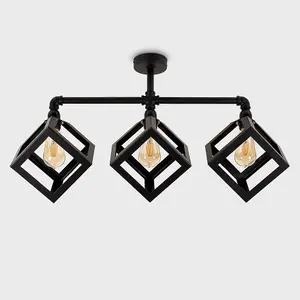 ValueLights Luiggi Satin Black 3 Way Bar Pipework Ceiling Light with Puzzle Cube Design Black Metal Shades and LED Bulbs