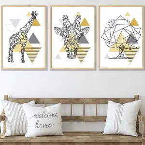 Set of 3 Geometric Line Art Yellow Giraffe Tree Set Wall Art Prints / 50x70cm / Oak Frame