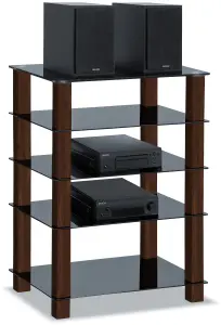 Centurion Supports TRINITY Black 5 Shelf with Walnut Legs Flat Screen TV Rack Glass Stand