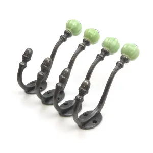 Oakcrafts - Ceramic Tipped Shabby Chic Cast Iron Coat Hook 125mm (Green) - Pack of 4 Hooks