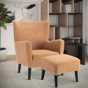 Teddy Boucle Accent Wingback Chair with Footstool in Camel Brown