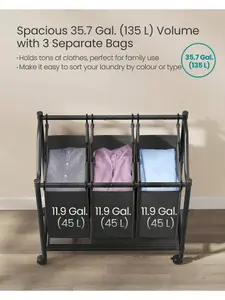 SONGMICS Rolling Laundry Sorter, Laundry Basket With 3 Removable Bags, Laundry Hamper, Laundry Trolley, For Laundry Room