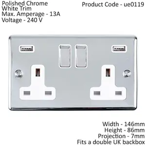 2 Gang Single UK Plug Socket & Dual 2.1A USB CHROME & White 13A Switched