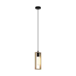 Hanging Ceiling Pendant Light Black & Wood Frame 1 x 60W E27 Hallway Feature