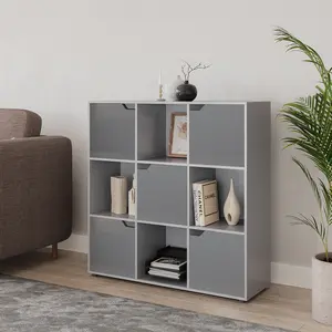 URBNLIVING 9 Cube Grey Wooden Bookcase Shelving Display Shelves Storage Unit Wood Shelf Grey Door