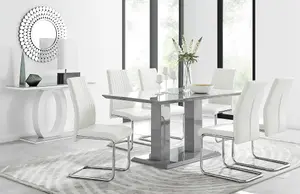 Imperia Grey High Gloss 6 Seater Dining Table with Structural 2 Plinth Column Legs 6 White Faux Leather Lorenzo Cantilever Chairs