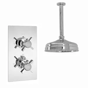 ENKI Edwardian Chrome Traditional Crosshead Ceiling Fixed Brass Thermostatic Shower Set 8"