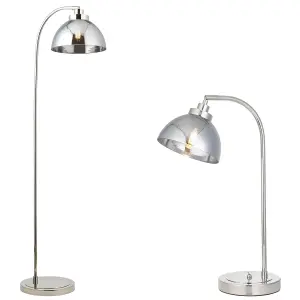 Standing Floor & Table Lamp Set - Bright Nickel Mirrored Glass Shade Task Light