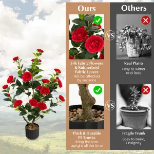 Costway Artificial Camellia Tree Faux Flower Plant Artificial Tree in Cement Pot Greenery Potted Plant Free Maintenance