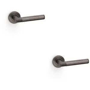 2 PACK - SOLID BRASS Knurled Door Handle Set - Dark Bronze Mitred Lever on Round Rose