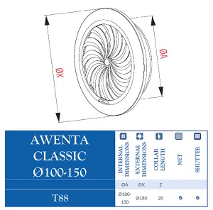 Awenta 100-150mm Wall Ventilation Grille Cover with Net And Shutter Adjustable Diameter