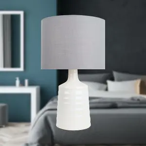 First Choice Lighting Ripple Off White Ribbed Ceramic Table Lamp with Grey Fabric Shade