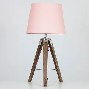 ValueLights Clipper Modern Distressed Wood and Silver Chrome Tripod Table Lamp with Pink Light Shade