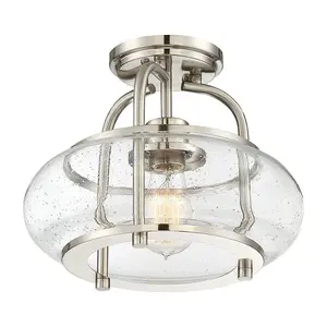 Semi Flush 1 Light Clear Seeded Glass Shade Brushed Nickel LED E27 60W