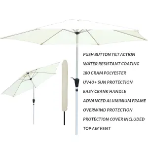 GlamHaus Tilting Garden Parasol Table Umbrella 2.7M with Crank Handle, UV40 Protection, Includes Protection Cover - Cream